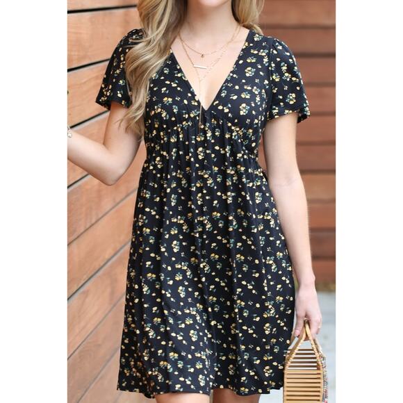 NWT BLACK FLORAL DEEP V NECK A LINE MINI DRESS - Picture 4 of 9